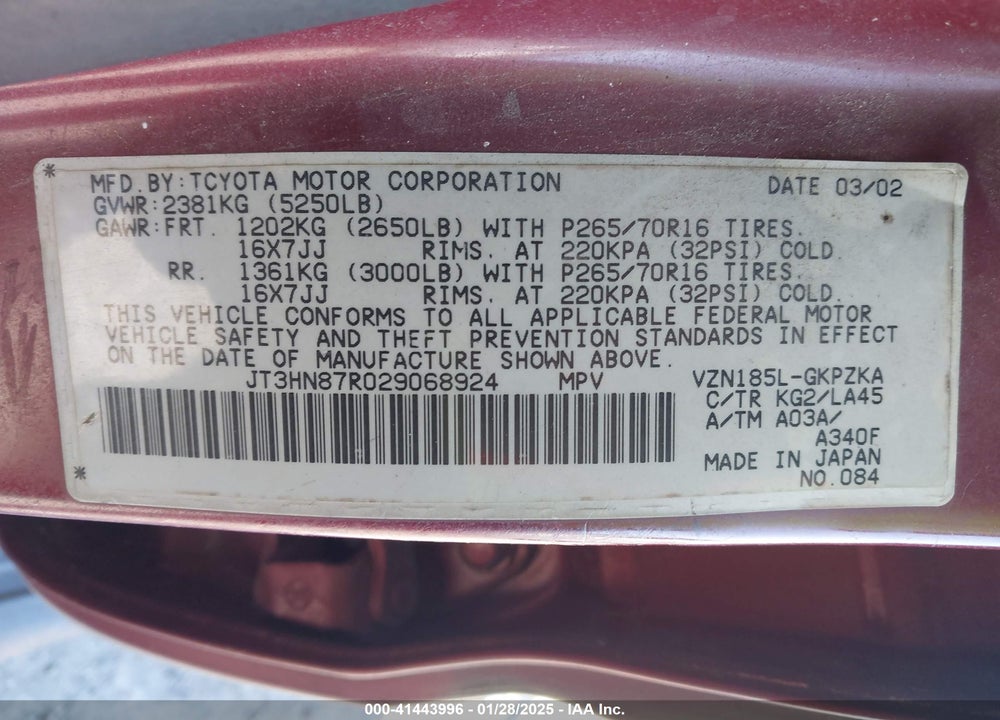 2002 TOYOTA 4RUNNER LIMITED V6 VIN: JT3HN87R029068924