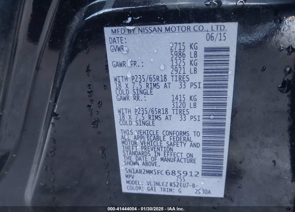2015 NISSAN PATHFINDER VIN: 5N1AR2MM5FC685912