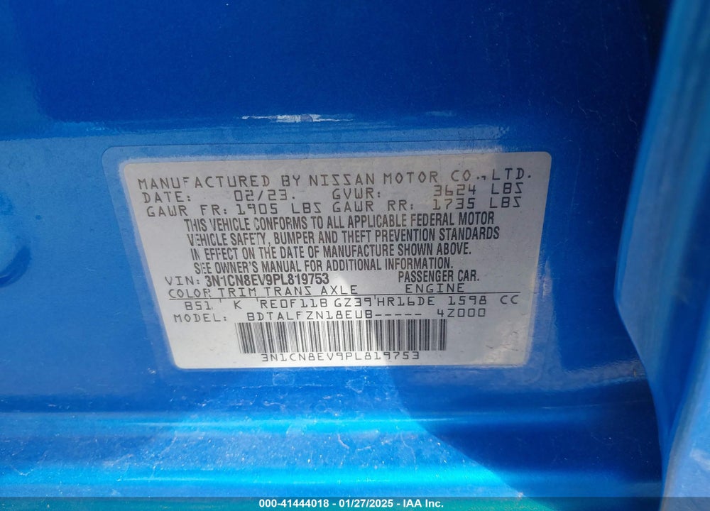 2023 NISSAN VERSA VIN: 3N1CN8EV9PL819753