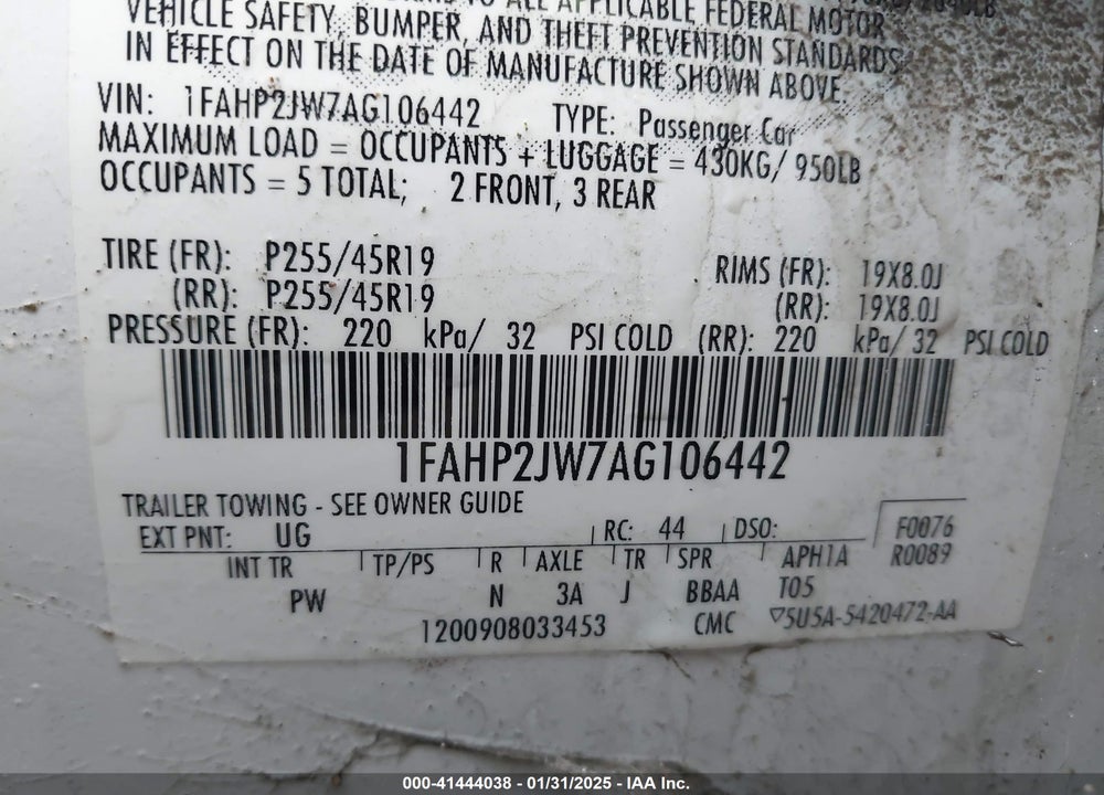 2010 FORD TAURUS LIMITED VIN: 1FAHP2JW7AG106442