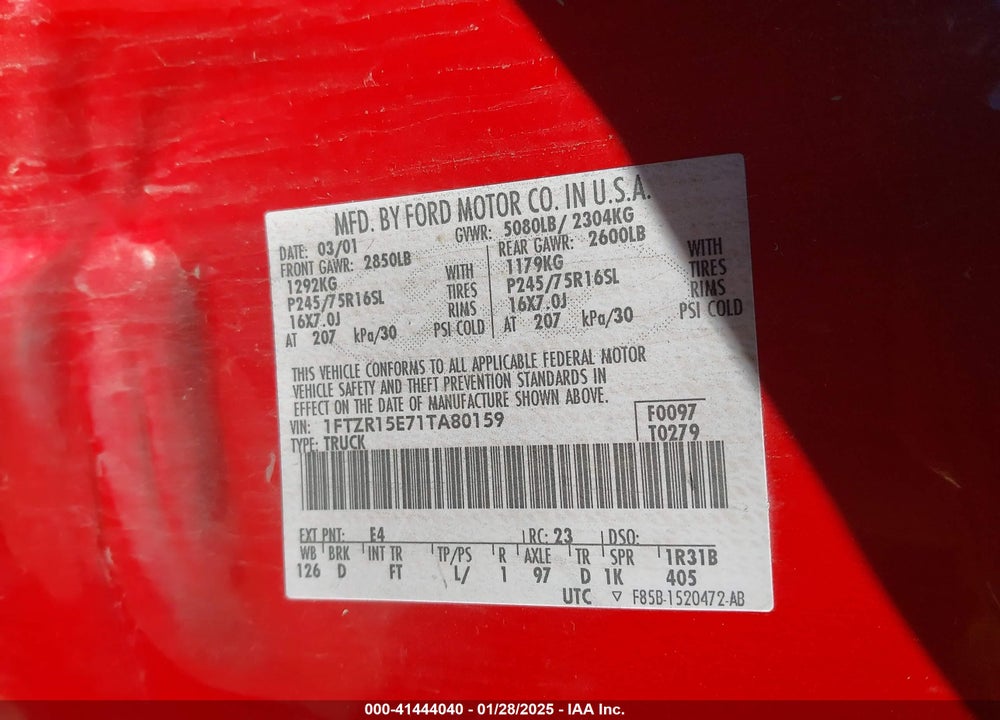 2001 FORD RANGER EDGE/XLT VIN: 1FTZR15E71PA14011