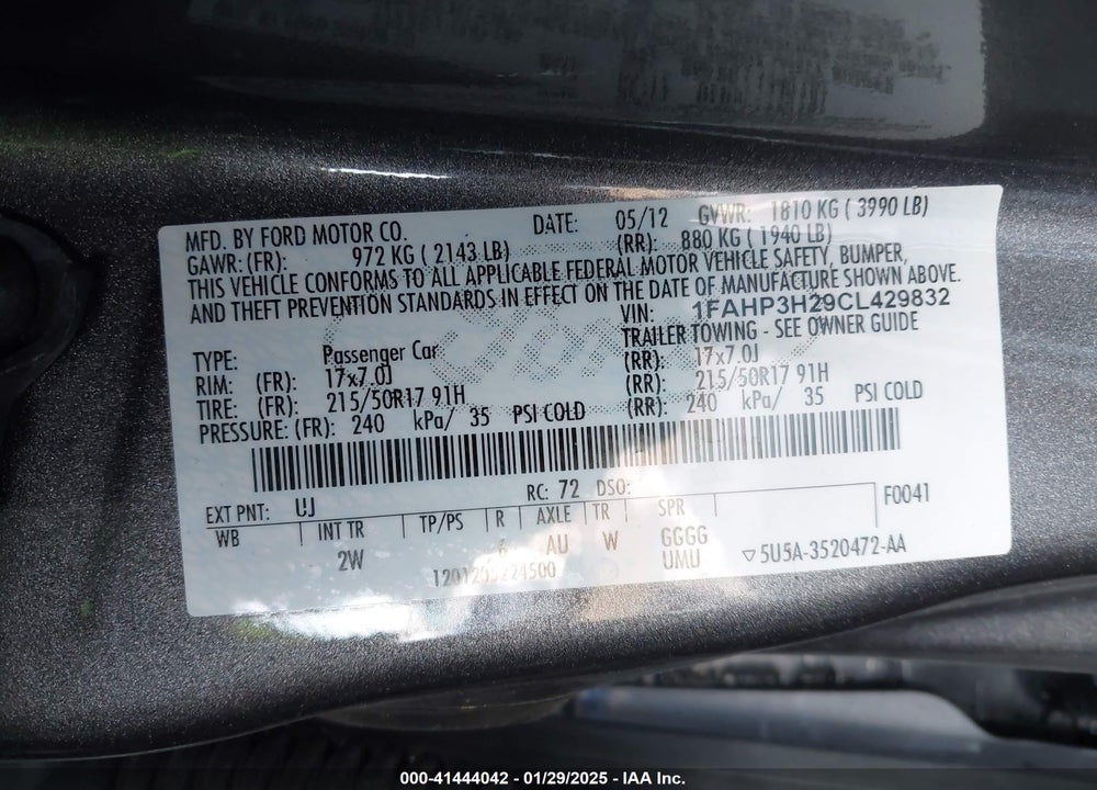 2012 FORD FOCUS SEL VIN: 1FAHP3H29CL429832