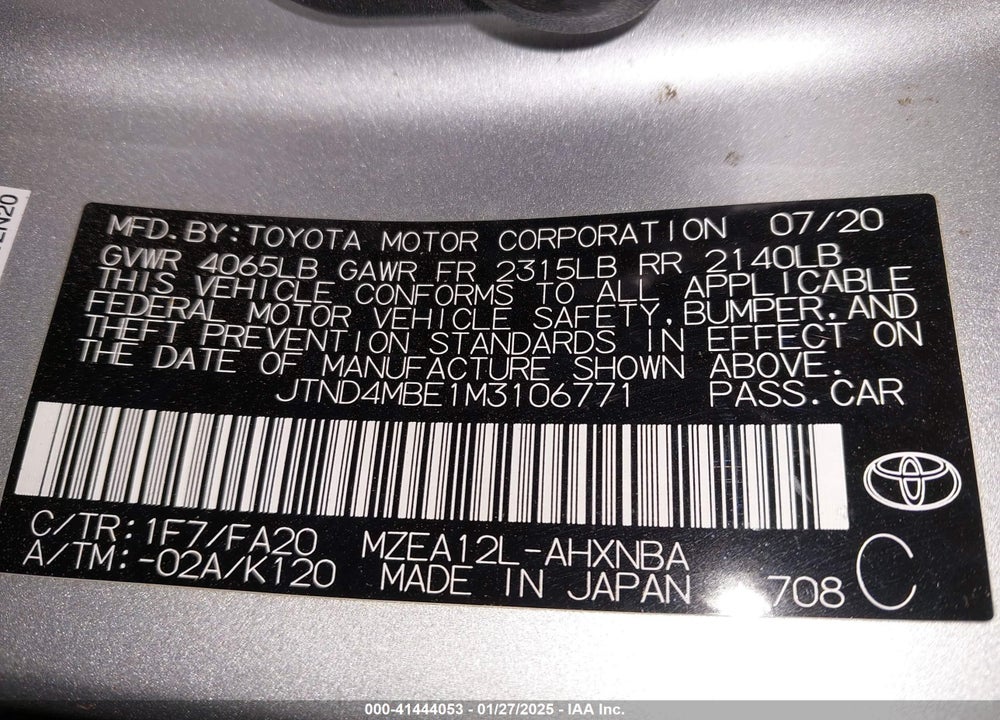 2021 TOYOTA COROLLA VIN: JTND4MBE1M3106771