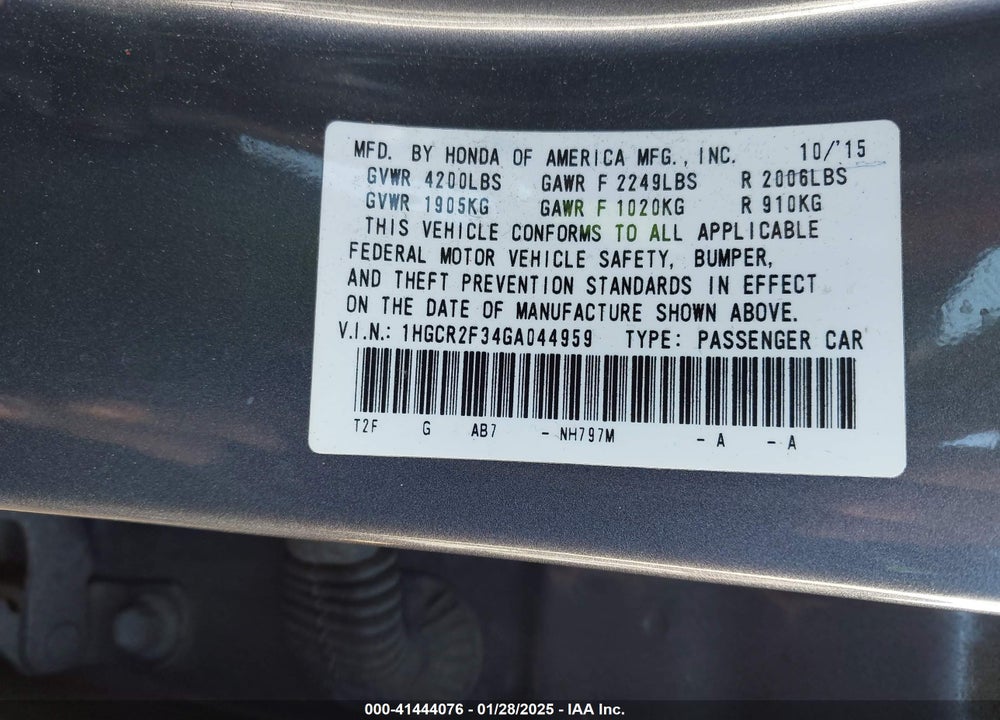 2016 HONDA ACCORD VIN: 1HGCR2F34GA044959