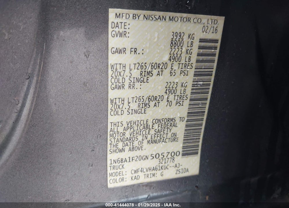 2016 NISSAN TITAN XD VIN: 1N6BA1F20GN505700