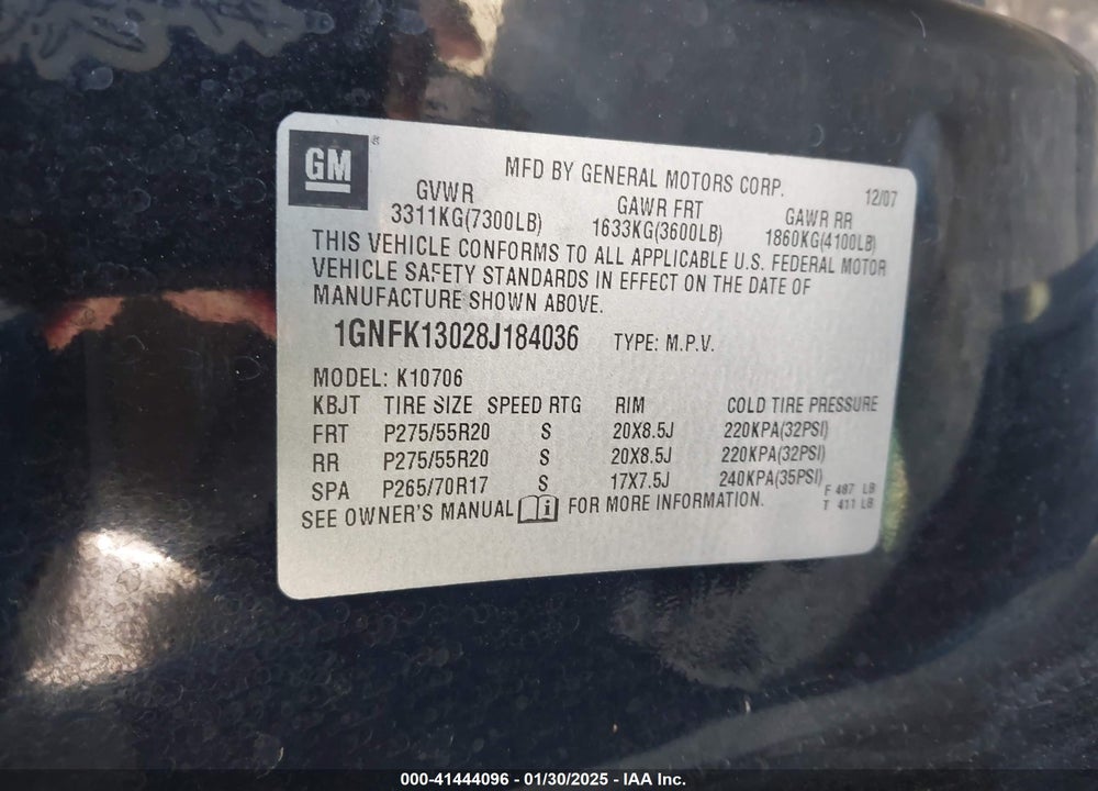 2008 CHEVROLET TAHOE LTZ VIN: 1GNFK13028J184036