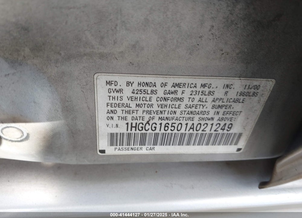 2001 HONDA ACCORD 3.0 EX VIN: 1HGCG16501A021249