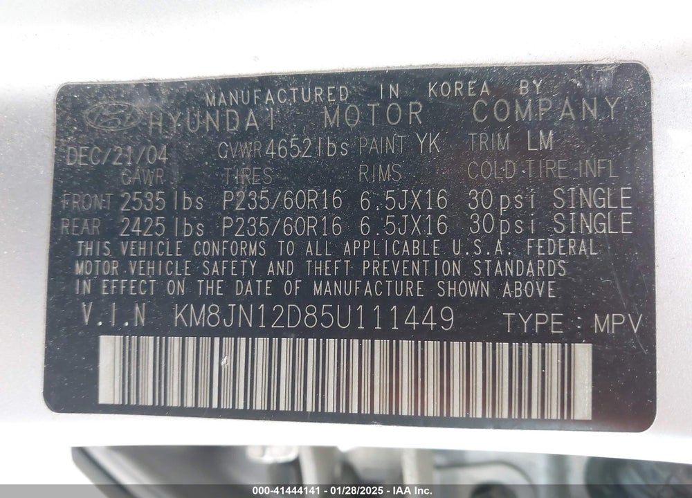 2005 HYUNDAI TUCSON GLS/LX VIN: KM8JN12D85U111449