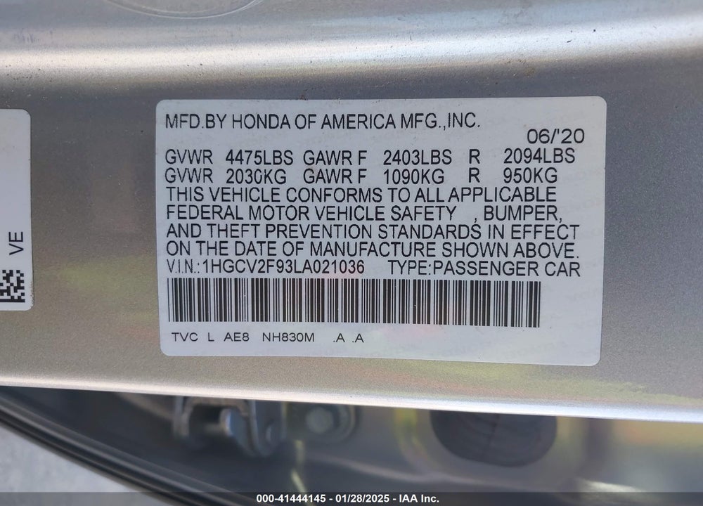 2020 HONDA ACCORD TOURING VIN: 1HGCV2F93LA021036