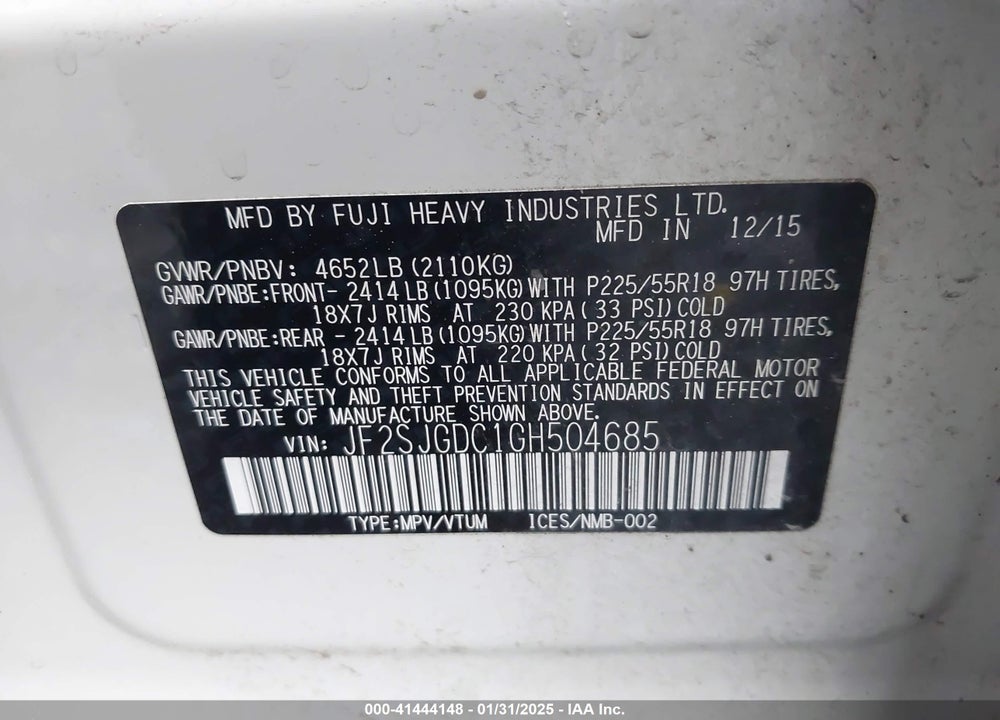 2016 SUBARU FORESTER 2.0XT PREMIUM VIN: JF2SJGDC1GH504685