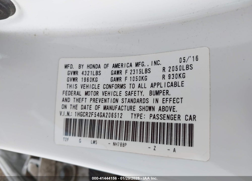 2016 HONDA ACCORD VIN: 1HGCR2F54GA206512
