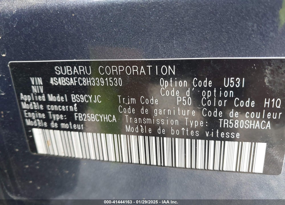 2017 SUBARU OUTBACK 2.5I PREMIUM VIN: 4S4BSAFC8H3391530