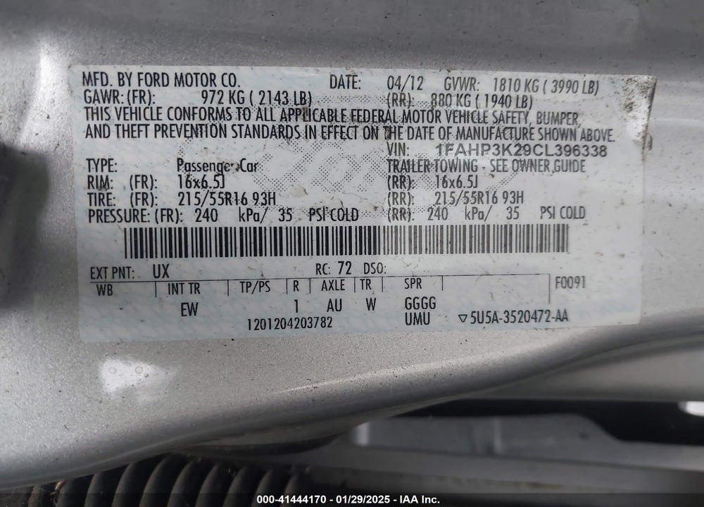 2012 FORD FOCUS VIN: 1FAHP3K29CL396338