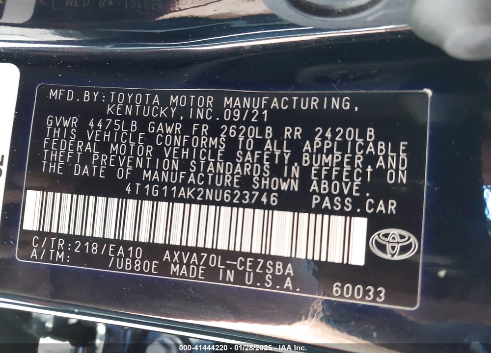 2022 TOYOTA CAMRY VIN: 4T1G11AK2NU623746
