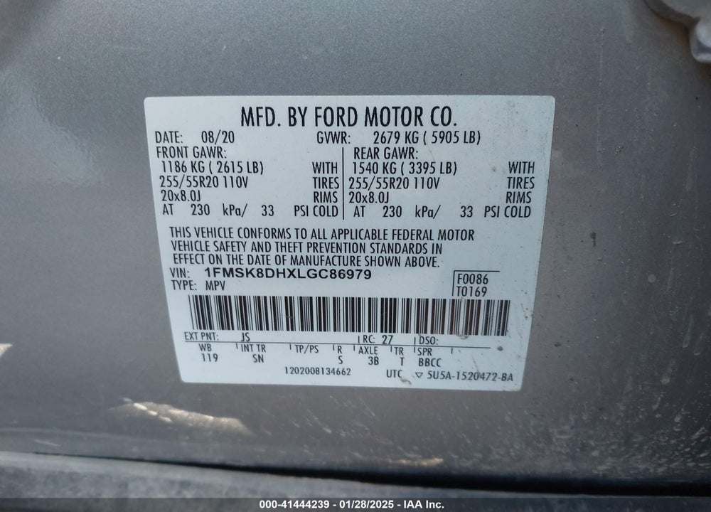 2020 FORD EXPLORER XLT VIN: 1FMSK8DHXLGC86979