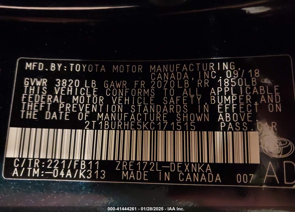 2019 TOYOTA COROLLA VIN: 2T1BURHE5KC171515