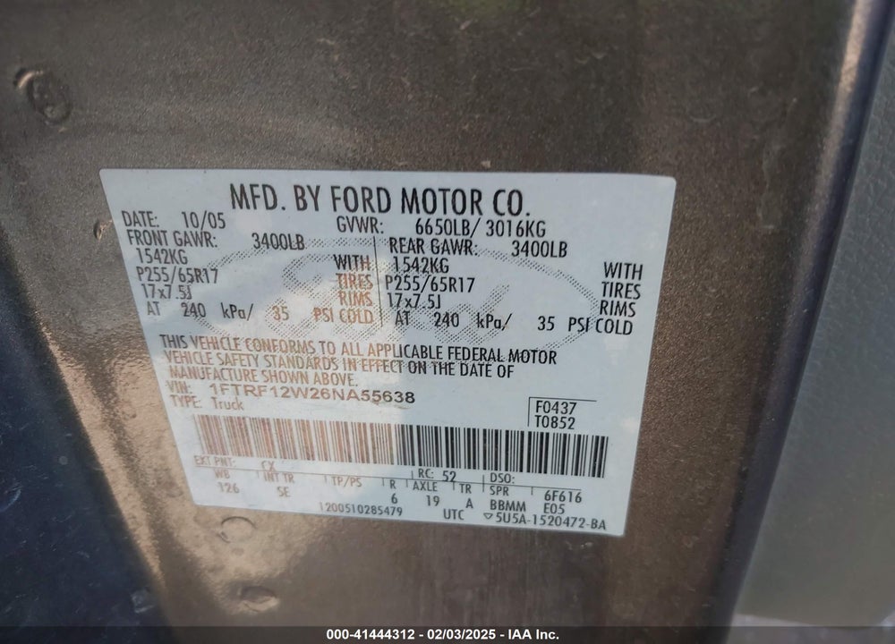 2006 FORD F-150 STX/XL/XLT VIN: 1FTRF12W26NA55638