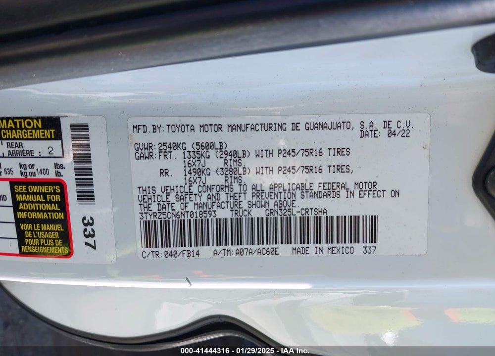 2022 TOYOTA TACOMA VIN: 3TYRZ5CN6NT018593