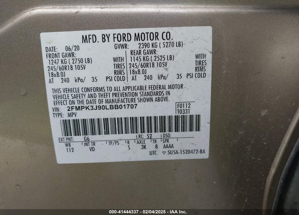 2020 FORD EDGE VIN: 2FMPK3J90LBB01707