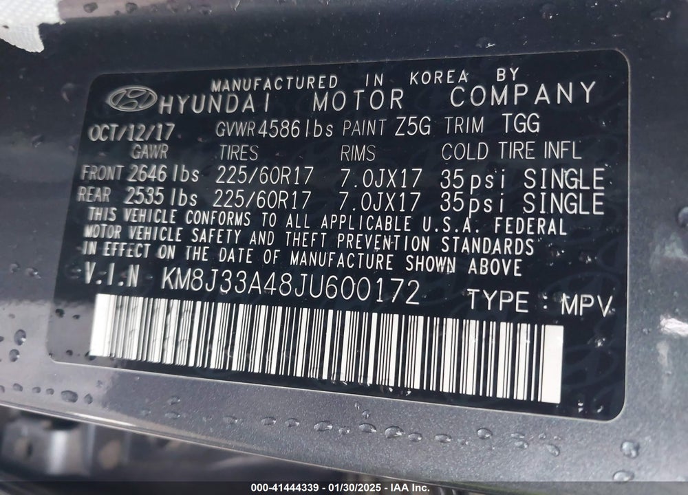 2018 HYUNDAI TUCSON SEL VIN: KM8J33A48JU600172