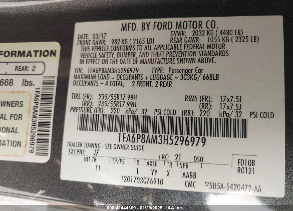 2017 FORD MUSTANG VIN: 1FA6P8AM3H5296979