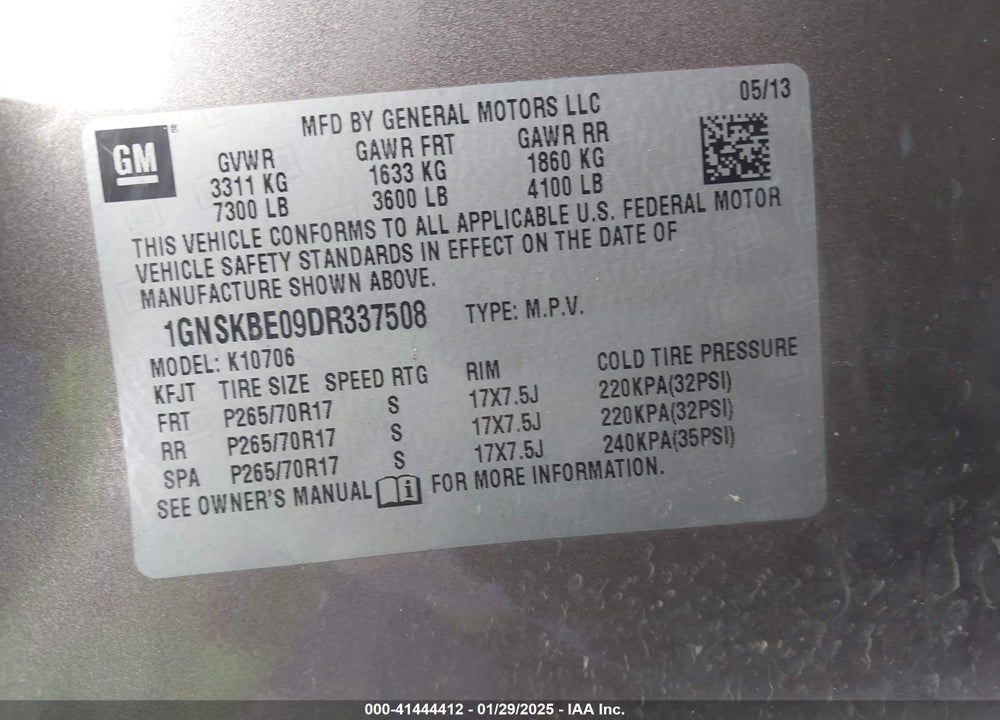 2013 CHEVROLET TAHOE LT VIN: 1GNSKBE09DR337508