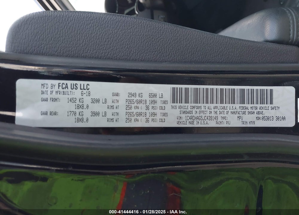 2018 DODGE DURANGO VIN: 1C4RDHAG5JC439149