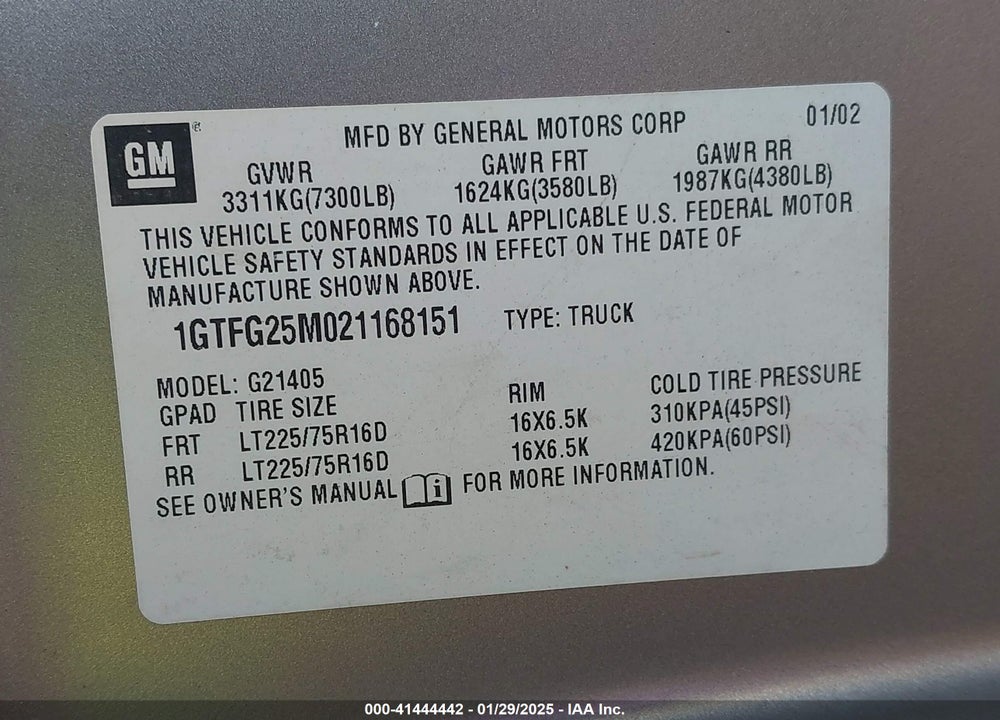 2002 GMC SAVANA STANDARD VIN: 1GTFG25M021168151