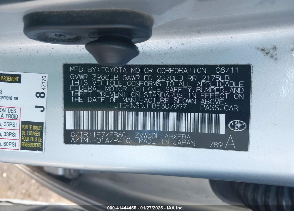 2011 TOYOTA PRIUS VIN: JTDKN3DU1B5307997