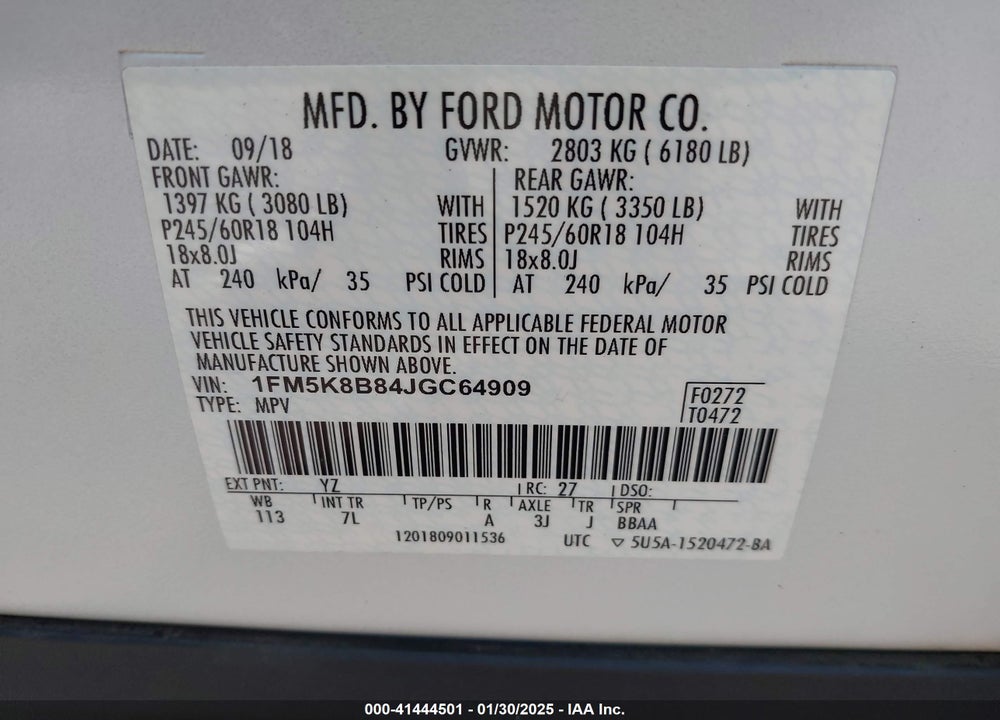 2018 FORD EXPLORER VIN: 1FM5K8B84JGC64909
