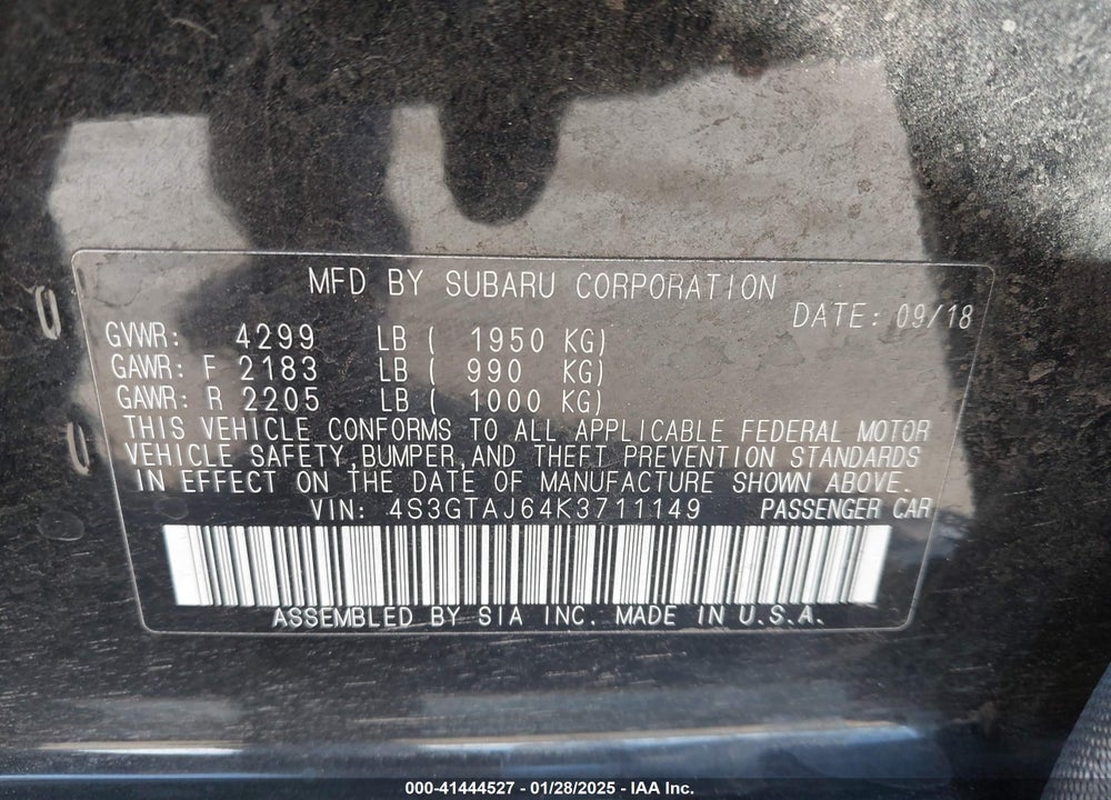 2019 SUBARU IMPREZA VIN: 4S3GTAJ64K3711149