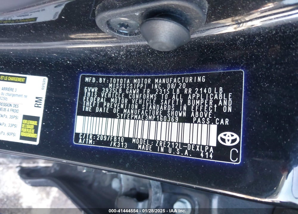2021 TOYOTA COROLLA VIN: 5YFEPMAE3MP160369