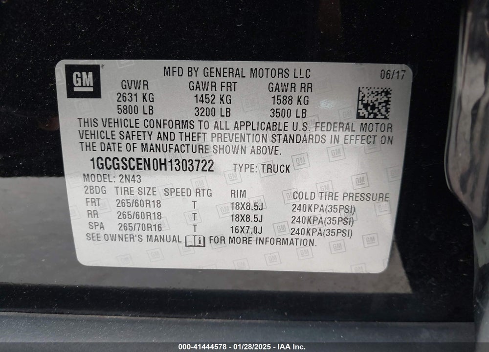 2017 CHEVROLET COLORADO VIN: 1GCGSCEN0H1303722