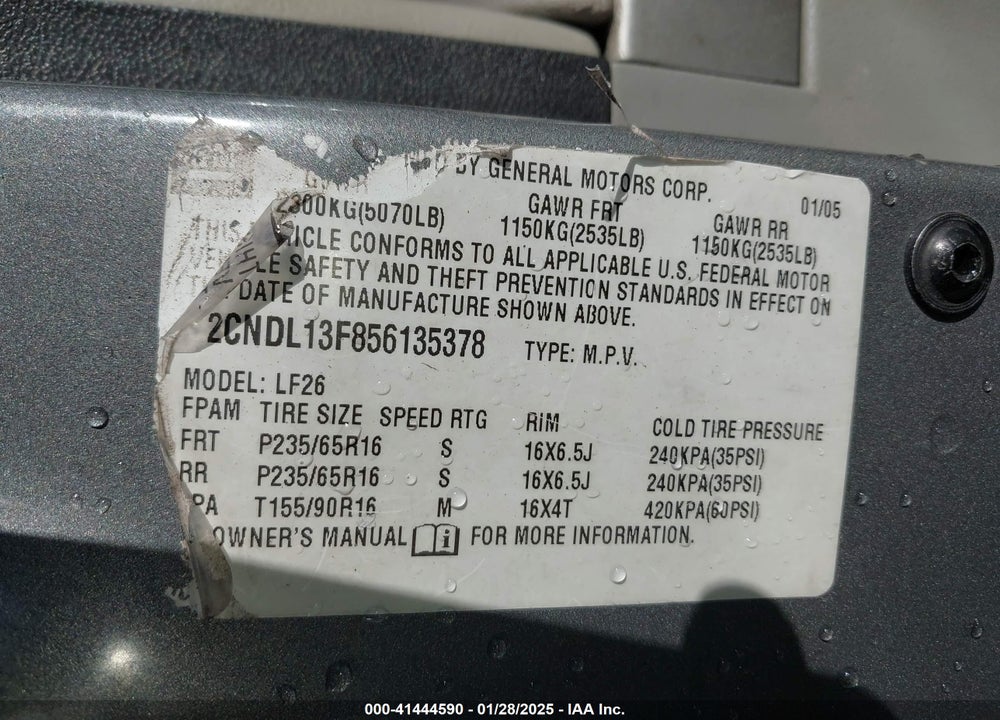 2005 CHEVROLET EQUINOX VIN: 2CNDL13F856135378