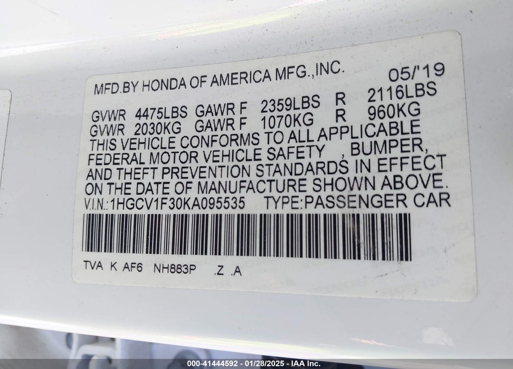 2019 HONDA ACCORD VIN: 1HGCV1F30KA095535