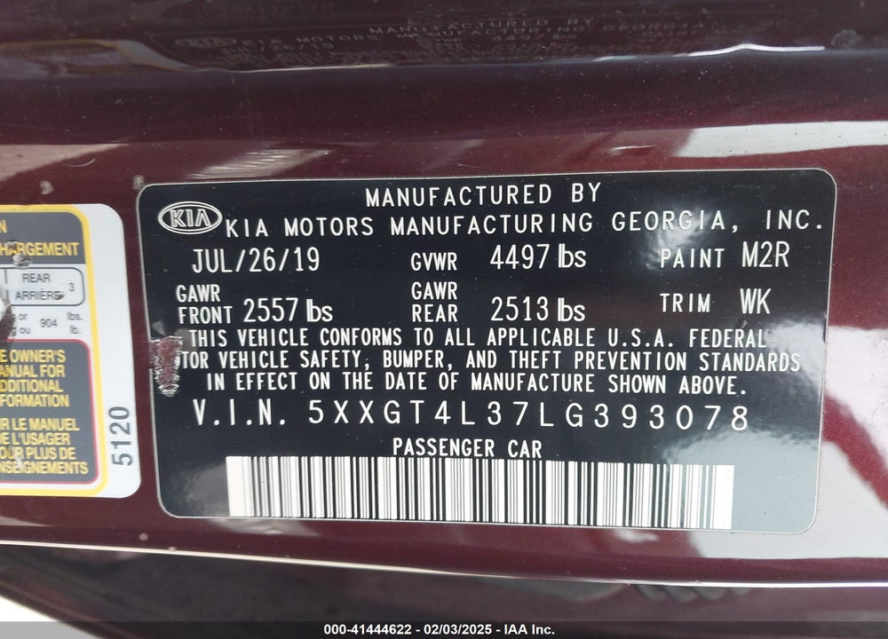 2020 KIA OPTIMA VIN: 5XXGT4L37LG393078