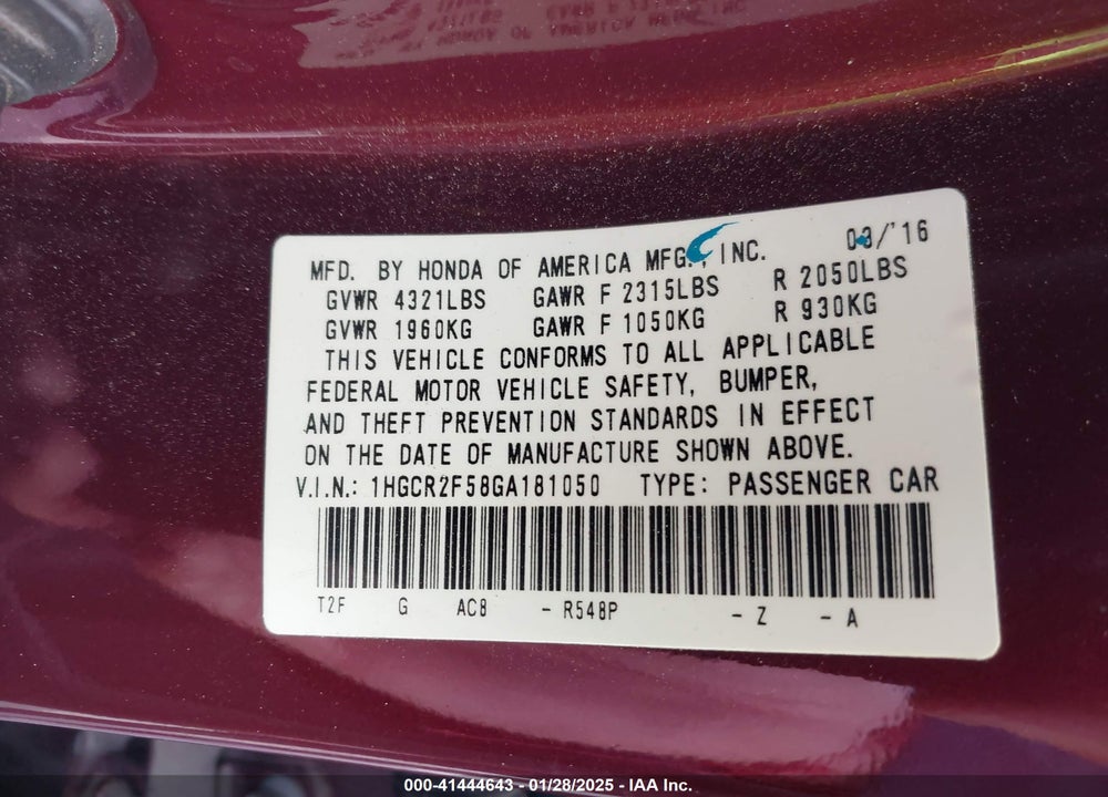 2016 HONDA ACCORD SPORT VIN: 1HGCR2F58GA181050