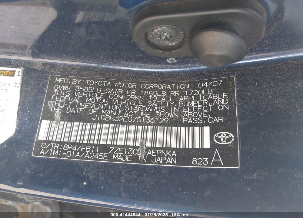 2007 TOYOTA COROLLA VIN: JTDBR32E070136129