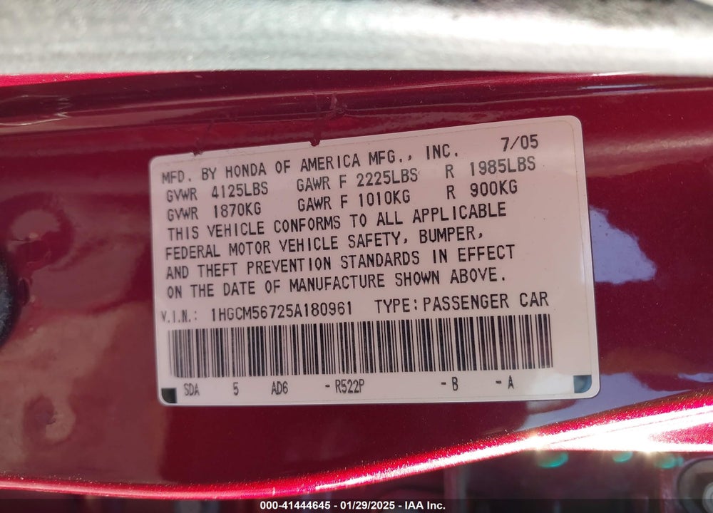 2005 HONDA ACCORD 2.4 EX VIN: 1HGCM56725A180961