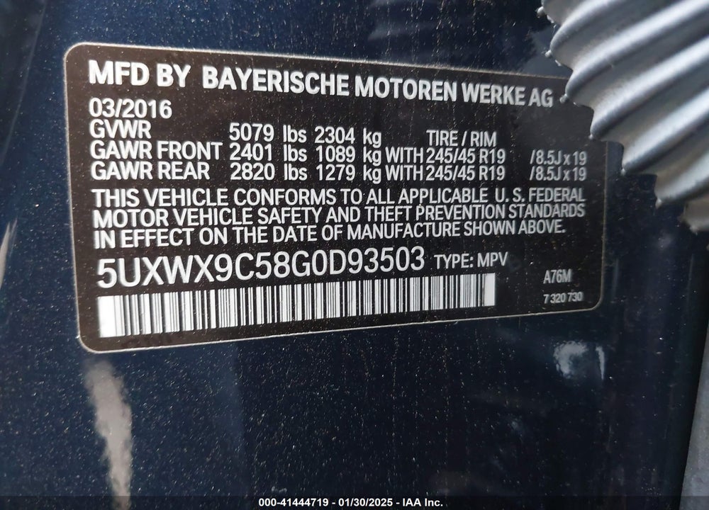 2016 BMW X3 XDRIVE28I VIN: 5UXWX9C58G0D93503