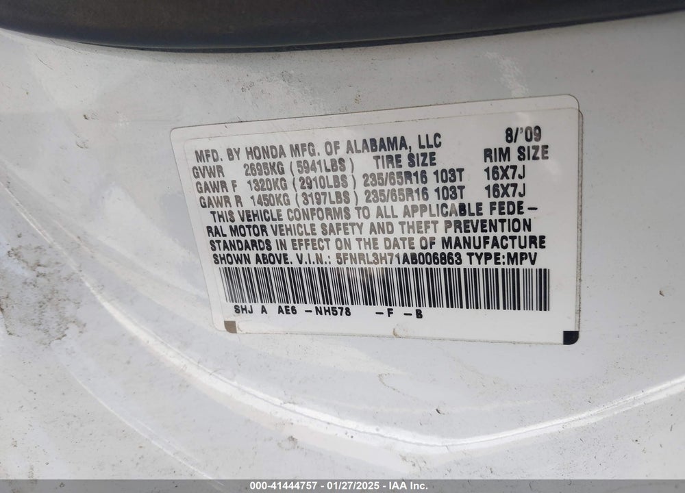 2010 HONDA ODYSSEY EX-L VIN: 5FNRL3H71AB006863