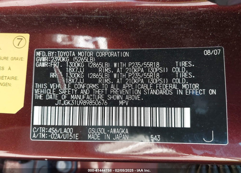 2008 LEXUS RX350 VIN: JTJGK31U989850676