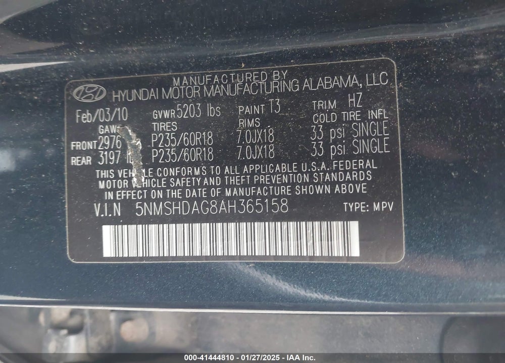 2010 HYUNDAI SANTA FE SE VIN: 5NMSHDAG8AH365158