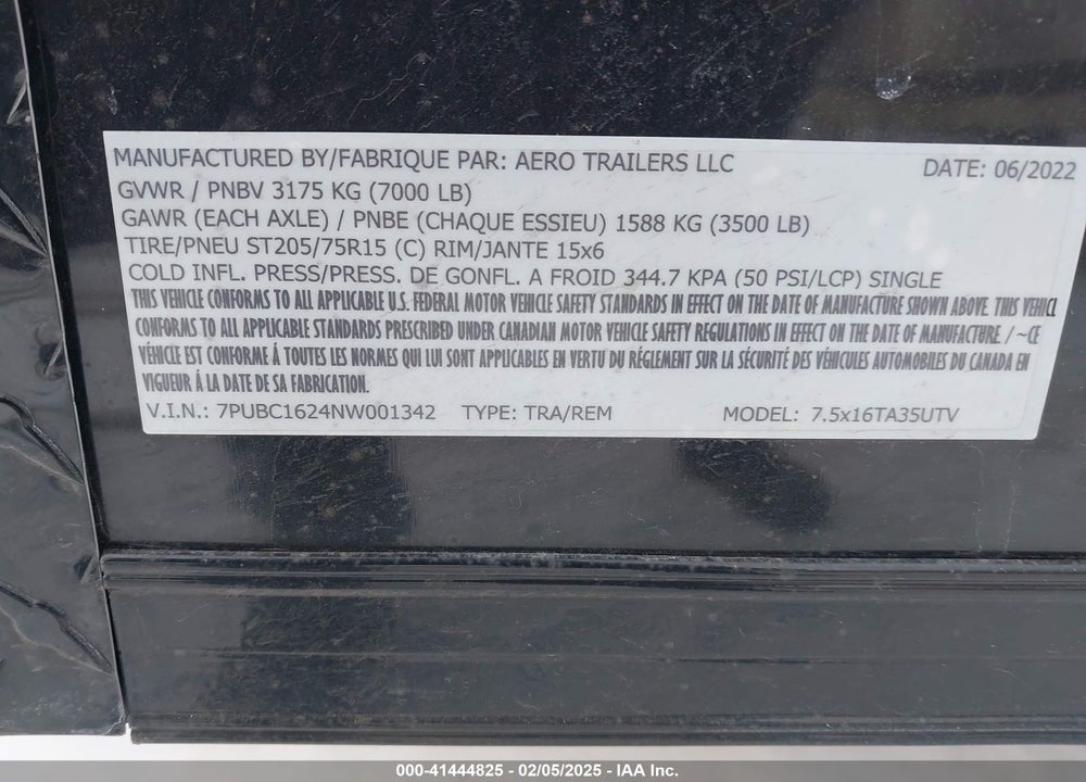 2022 AEROLITE 16 TRAILER VIN: 7PUBC1624NW001342