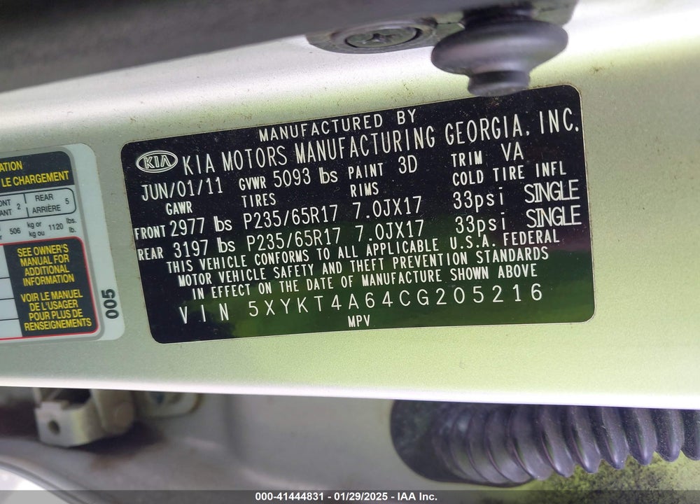 2012 KIA SORENTO LX VIN: 5XYKT4A64CG205216