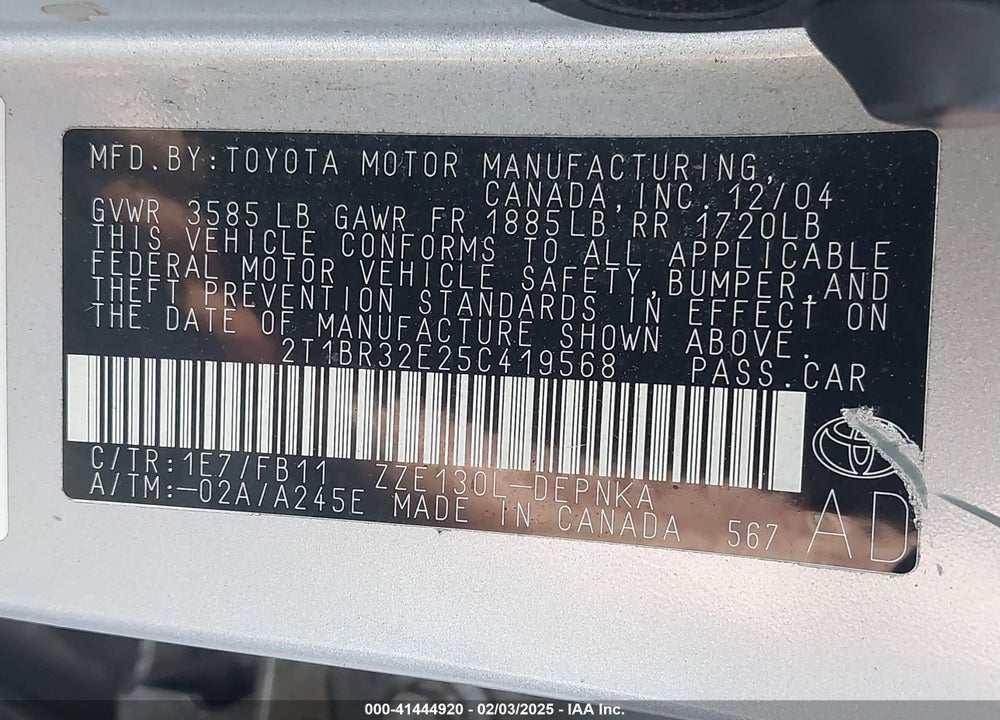 2005 TOYOTA COROLLA LE VIN: 2T1BR32E25C419568