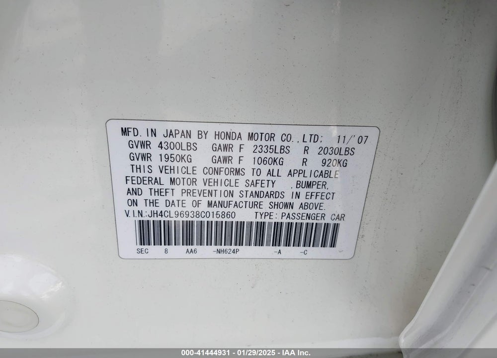 2008 ACURA TSX VIN: JH4CL96938C015860