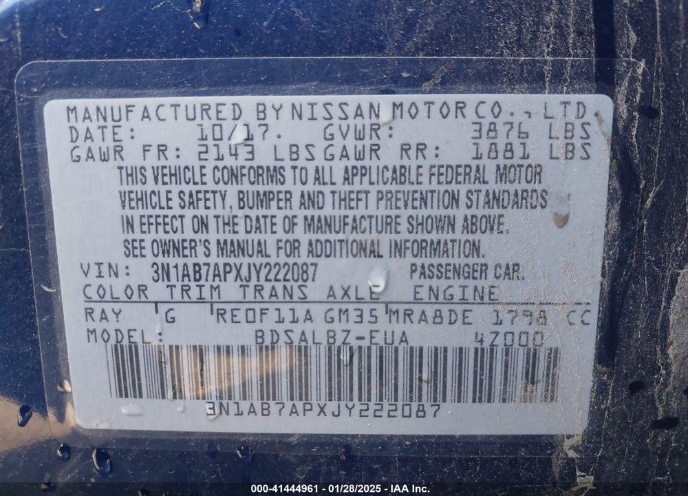 2018 NISSAN SENTRA VIN: 3N1AB7APXJY222087