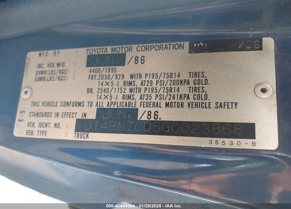 1986 TOYOTA PICKUP XTRACAB RN70 DLX VIN: JT4RN70D5G0023868
