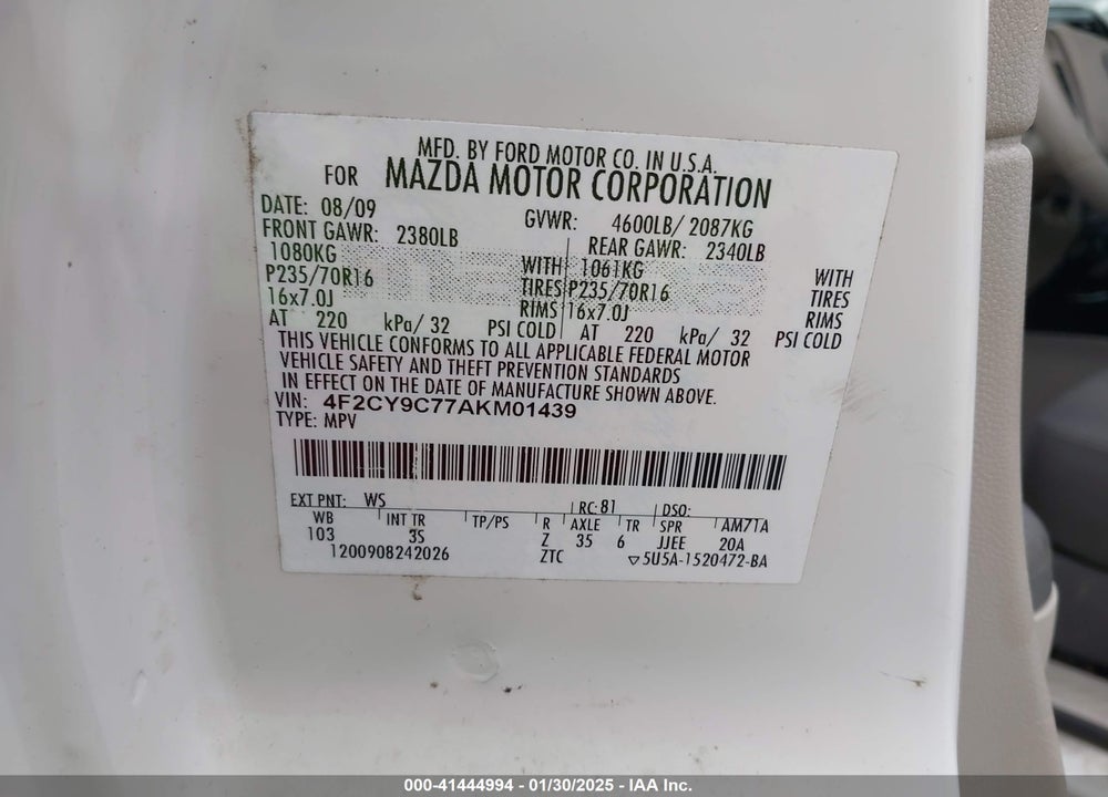 2010 MAZDA TRIBUTE I SPORT VIN: 4F2CY9C77AKM01439